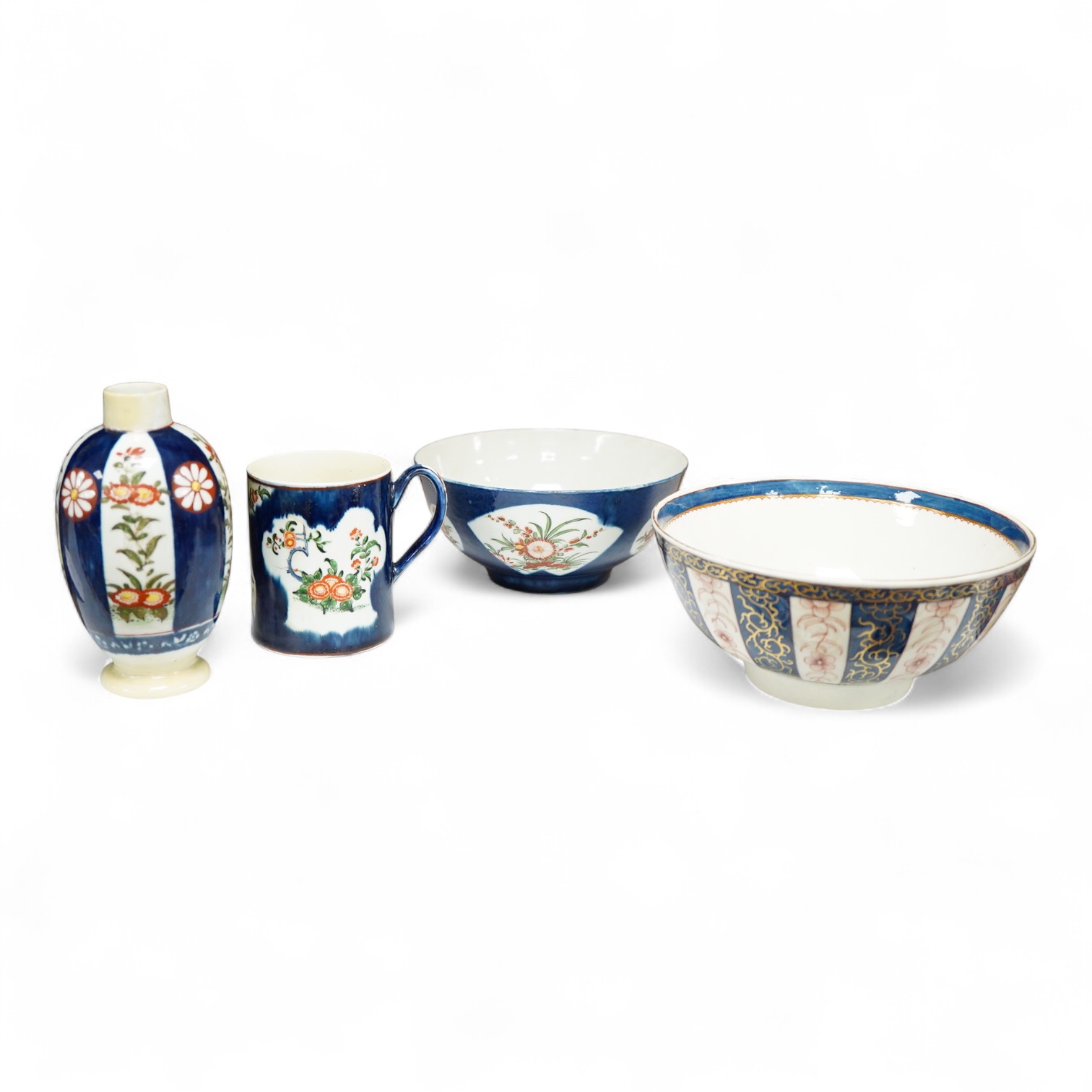 18th century Worcester kakiemon style porcelain comprising a tea caddy, mug and two slops bowls, largest 14cm high